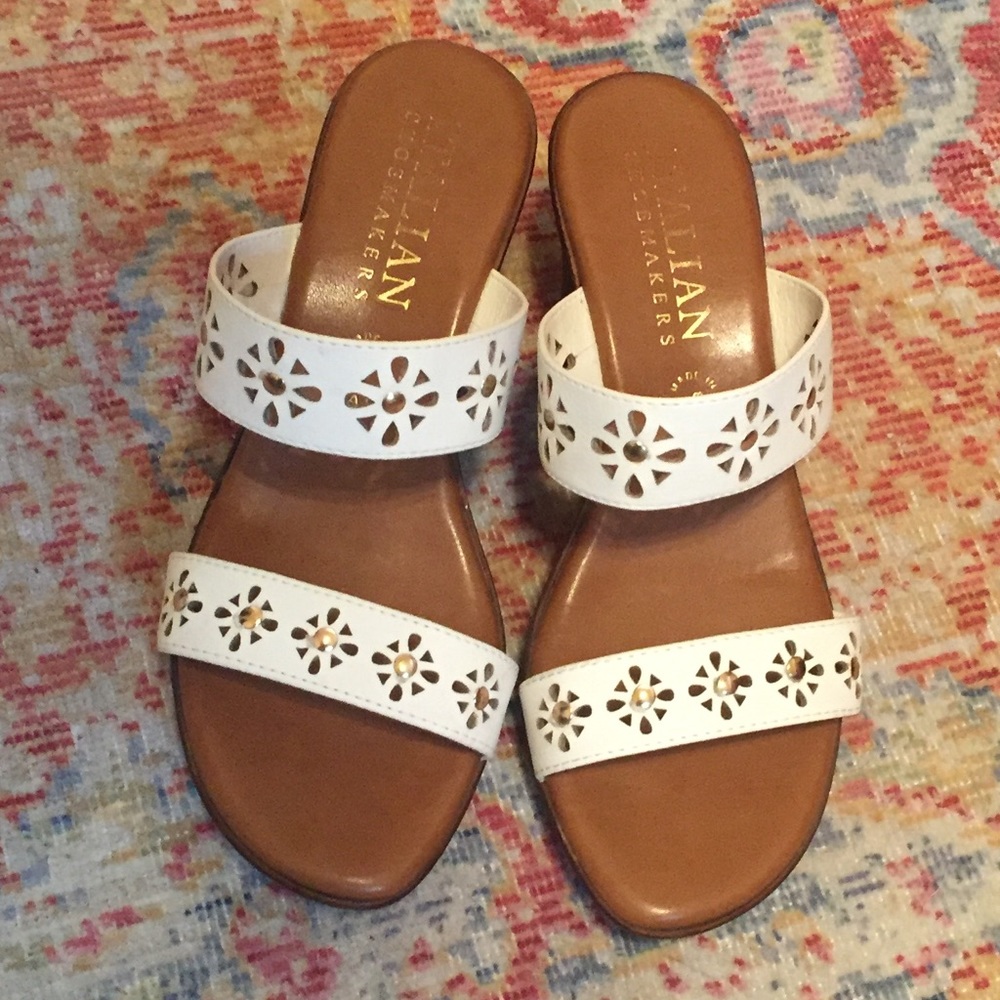 White & Gold Laser Cut Wedge Sandals